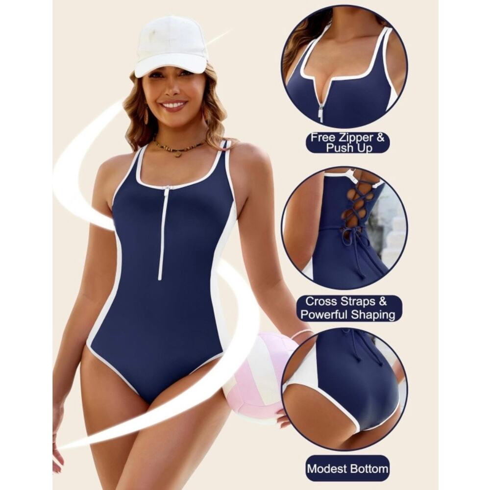 BMJL Women Navy Blue White Tummy Control One Piece Swimsuit Zip Front M NWT - Picture 4 of 7